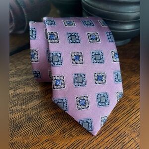 Canali Pink Silk Tie with Blue and Gray Geometric Squares 59”
